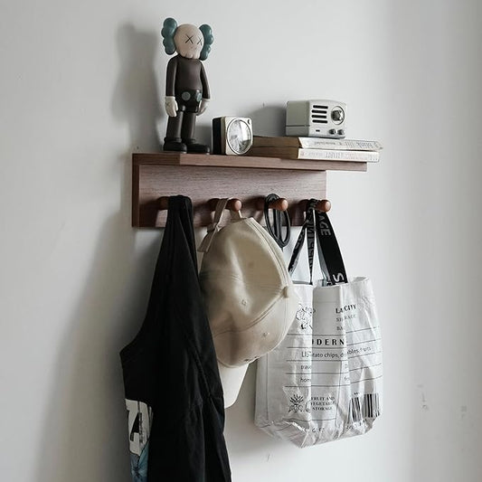 Entrance Coat Rack ，Coat Hooks, Wall-Mounted Wooden Hook Rack, Wall-Mounted Shelves are Very Suitable (Teak Colored Veneer)