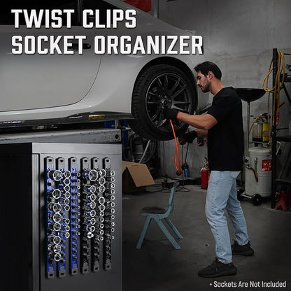 ALOANES 3-Piece Magnetic Socket Organizer, Heavy Duty Aluminum Socket Rails Organizer, 360° Swivel Clips Socket Holder Kit for Tool Box, 3/8-Inch Socket Holder x 42 Clips (Blue)