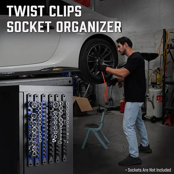 ALOANES 6-Piece Magnetic Socket Organizer, Heavy Duty Aluminum Socket Rails Organizer, 360° Swivel Clips Socket Holder Kit for Tool Box, 1/2, 3/8, 1/4-Inch Socket Holder x 80 Clips (Red&Blue)