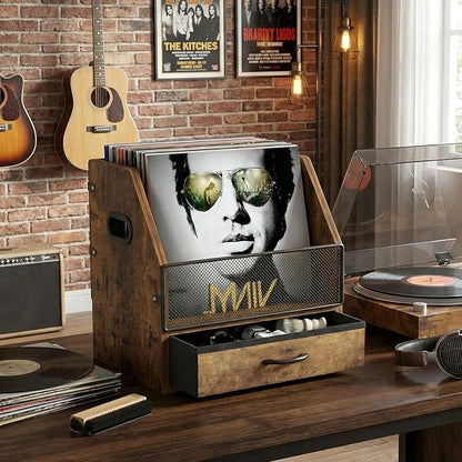 Vinyl Record Storage Crate with Fabric Drawer, Wooden LP Album Storage Holder for 12" Vinyls, All-in-One Organizer Holds 60 LPs