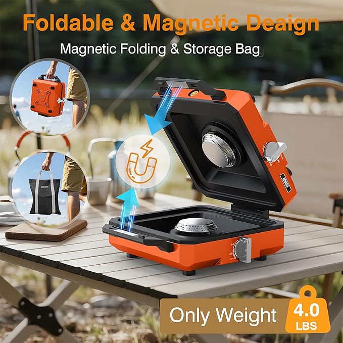 ODSD 2 Burner Camping Stove with Windshield, 20000 BTU Propane Camp Stove, Portable Folding Gas Stove, Camping Essentials Gears Includes Frying Pan, Coffee Stand & Carry Bag, Orange