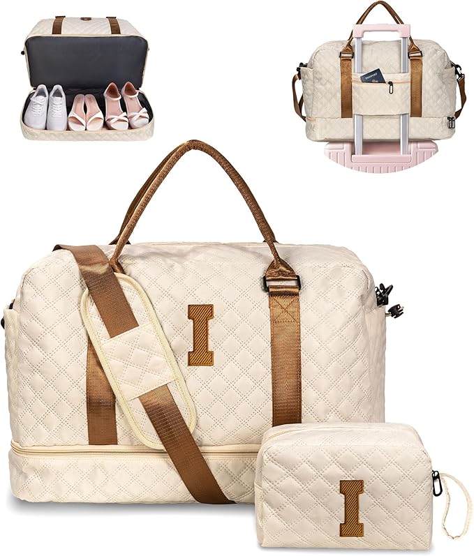 Gifts for Friends-Initial Duffle Bag with Shoe Compartment, Personalized Weekender Bag, Monogram Overnight Bag, Travel Bag with Makeup Bag，Birthday Gifts Bag for Daughter Sister (Letter I)