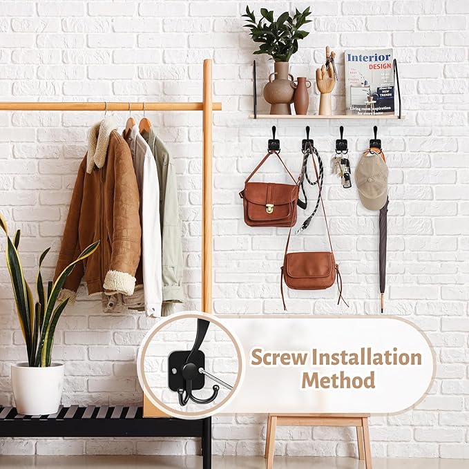 VIS'V 3 Prong Coat Hooks Wall Mount, Metal Self Adhesive Entryway Wall Hooks, 2 Mount Options, Black, 4 Pcs