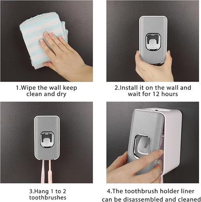 2 Slot Toothbrush Holder and Toothpaste Dispenser Wall Mounted, Automatic Toothpaste Squeezer, 2 in 1 Tooth Brush Toothpaste Organizer for Shower (Grey 2Pack)