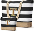 Becokan Beach Bag Initial Beach Tote with Makeup Bag for Travel Work Storage Personalized Birthday Gifts for Women Her