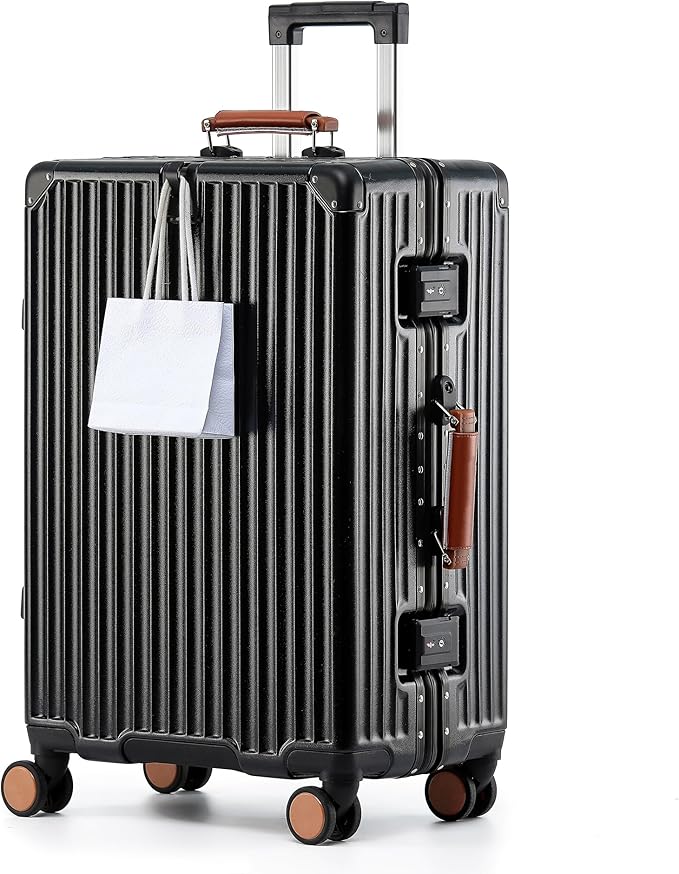 HotWay 26 Inch Hardside Checked Luggage with Leather Handle, PC Zipperless Suitcase with Spinner Wheels and TSA Locks, Lightweight Checked Luggage for Travel, Black