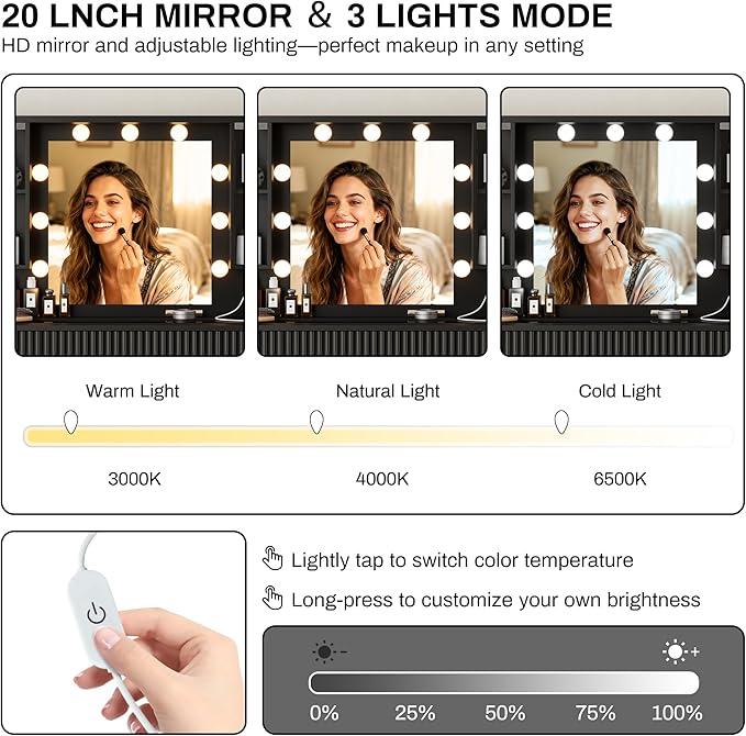 ONME 47.2" Fluted Vanity Desk with Mirror and Lights, Big Vanity with 5 Large Drawers and Adjustable Shelves, Makeup Vanity Table with Glass Top and Charging Station for Women and Girls Bedroom