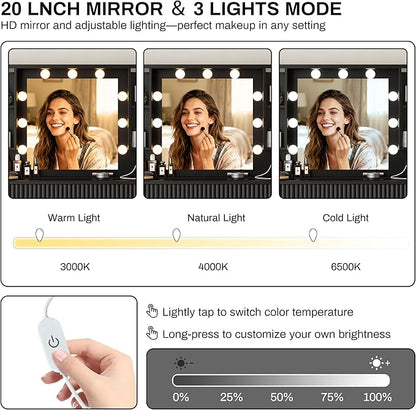 ONME 47.2" Fluted Vanity Desk with Mirror and Lights, Big Vanity with 5 Large Drawers and Adjustable Shelves, Makeup Vanity Table with Glass Top and Charging Station for Women and Girls Bedroom