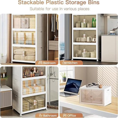 Storage Bins with Lid 76QT, Stackable Storage Containers with Wheels and Magnetic Doors, Plastic Clothes Closet Organizers and Storage Box for Home and Office (5 Pack)