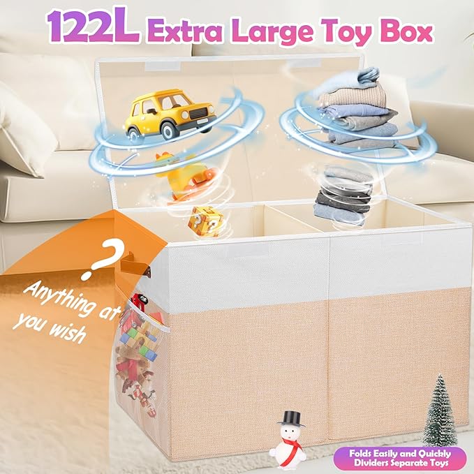 Large Toy Storage Box with Lid, Collapsible Sturdy Toys Storage Organizer Chest Bin Basket with Divider for Kids, Boys, Girls, Closet, Playroom, Bedroom, Nursery, 26"x17"x17" (Beige and White)