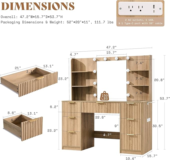 AMERLIFE 47.2" Fluted Vanity Desk with Mirror and Adjustable LED Lights, Large 7 Drawers Makeup Table with Glass Top and Charging Station for Women and Girls, Bedroom or Dorm, Natural Oak
