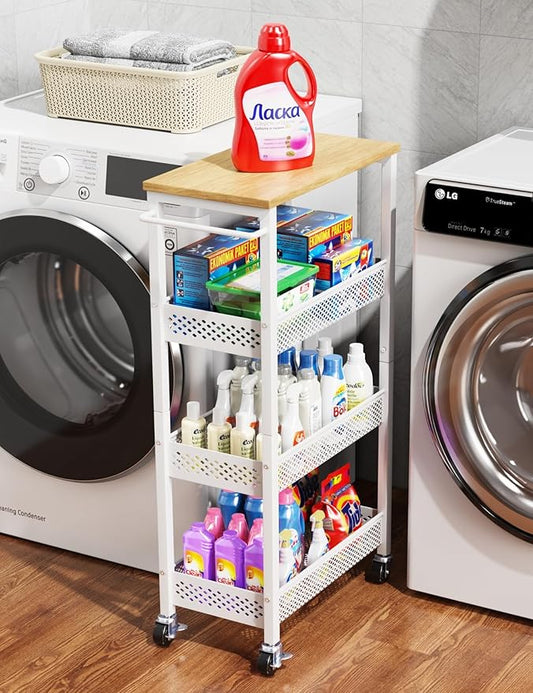 Utility Slim Storage Cart, 4-Tier Narrow Bathroom Organizers and Storage Cart, Narrow Metal Kitchen Laundry Room Organization Shelf with Wood Top, Slim Rolling Carts with Wheels for Small Space