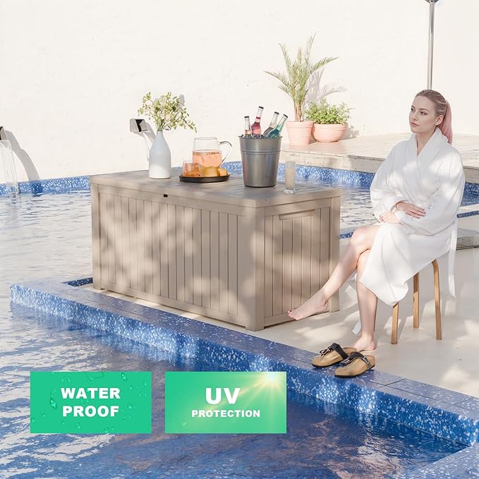 200 Gallon Large Deck Box,Resin Outdoor Storage Box with Lockable for Patio Furniture, Garden Tools Waterproof Outside Storage Box, (Grey)