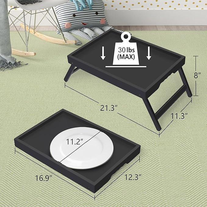 Artmeer Bed Tray Table with Folding Legs,Bamboo Breakfast in Bed for TV Table, Laptop Computer Tray,Eating,Snack Tray(Black) Large Size
