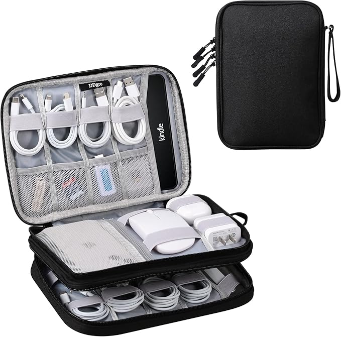 DDgro Travel Electronics Organizer Pouch Bag for Tech Gadgets & Airplane Accessories, for Cables/Cords & Chargers/iPad Mini (Large, Black)
