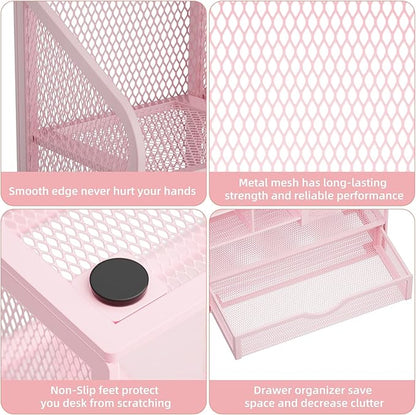 Marbrasse Mesh Desk Organizer with Drawer, Multi-Functional Pencil Organizer, 12 Compartments, Pink, Modern, Minimalist