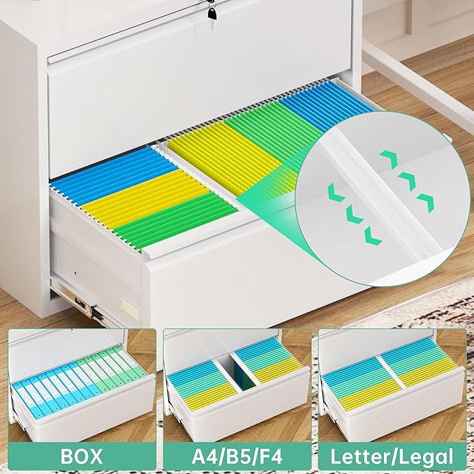 Bonusall Lateral File Cabinet with Lock, 2 Drawer Locking Lateral Filing Cabinet for Legal/Letter Size, Metal Horizontal File Organizer with Hanging Rack for Home Office, Heavy Duty, White