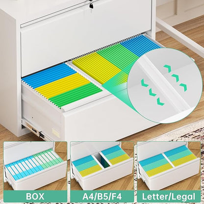 Bonusall Lateral File Cabinet with Lock, 2 Drawer Locking Lateral Filing Cabinet for Legal/Letter Size, Metal Horizontal File Organizer with Hanging Rack for Home Office, Heavy Duty, White