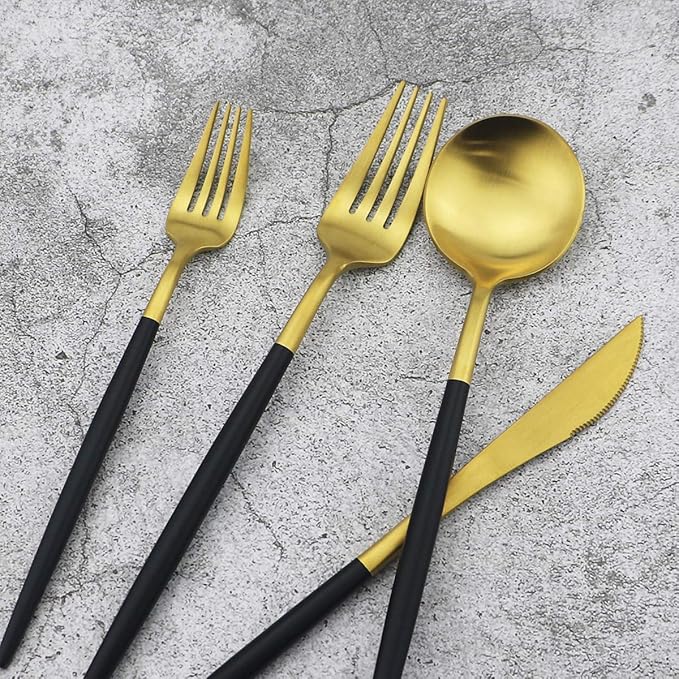 Gugrida 20-Piece 18/10 Stainless Steel Flatware Silverware, Luxury Dinnerware Set Travel Cutlery Tableware Include Knife Fork Spoon Service for 4, Dishwasher Safe (Black Handle Matte Gold)