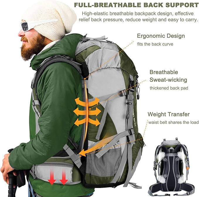 Loowoko 50L Hiking Backpack, Waterproof Camping Essentials Bag with Rain Cover, 45+5 Liter Lightweight Backpacking Back Pack