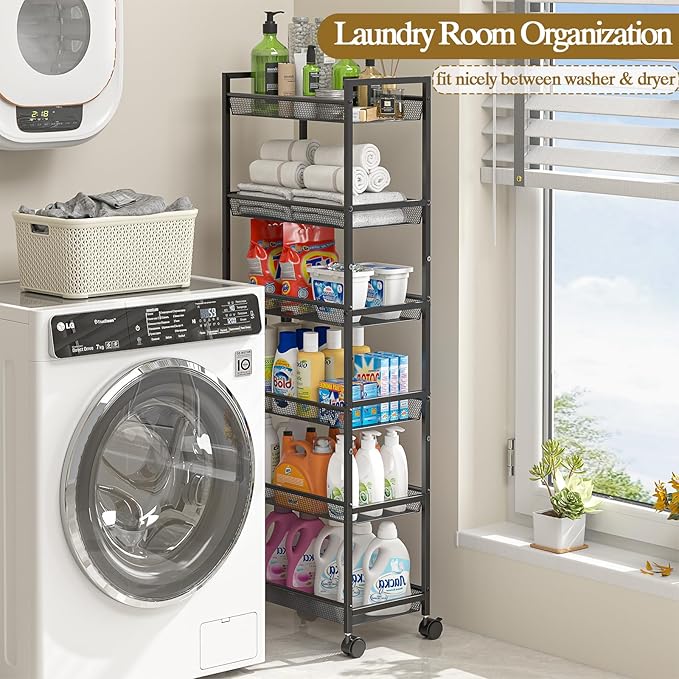 6 Tier Slim Rolling Storage Cart, Narrow Mobile Shelving Unit Organizer Utility Cart with Wheels, Metal Wire Storage Rack with Baskets for Kitchen, Bathroom, Laundry & Living Room, 10in(W) Black