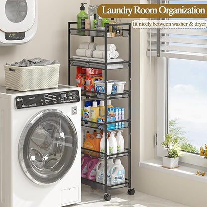 6 Tier Slim Rolling Storage Cart, Narrow Mobile Shelving Unit Organizer Utility Cart with Wheels, Metal Wire Storage Rack with Baskets for Kitchen, Bathroom, Laundry & Living Room, 10in(W) Black