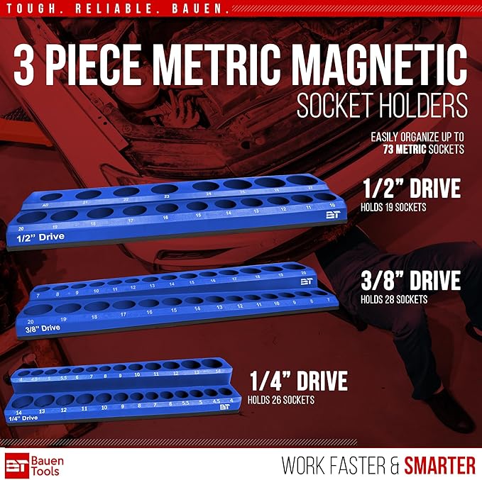 Magnetic Socket Organizer Set -3 Piece Metric Magnetic Socket Holder Set Blue - 1/2-inch, 3/8-inch & 1/4-inch Drive, Holds 75 Sockets, Professional Grade Socket Tray Organizer. NEW VERSION