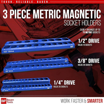 Magnetic Socket Organizer Set -3 Piece Metric Magnetic Socket Holder Set Blue - 1/2-inch, 3/8-inch & 1/4-inch Drive, Holds 75 Sockets, Professional Grade Socket Tray Organizer. NEW VERSION