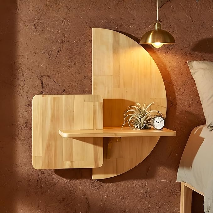 Behomes Soluna Solid Wood Floating Nightstand, Wall Mounted Bedside Nightstand, Mid Century Modern Floating Bed Side Table, Rustic Wooden Night Stand for Bedroom, Small Space Saving Shelf, Natural