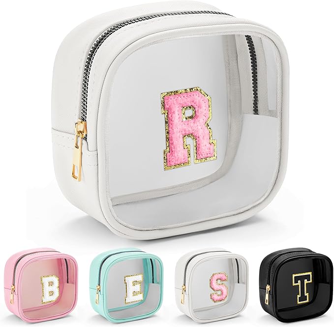 YOOLIFE Initial Make Up Bag Travel Toiletry Bag, Clear Makeup Bag Preppy Cosmetic Bags Organizer Travel Essentials Gifts for Women Teen Girlfriend Teacher Mom Birthday Mothers Day Gifts White R