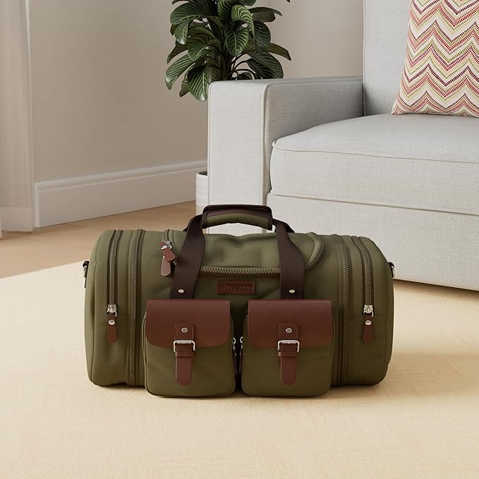 Wildroad 50L Travel Duffel Bag, Expandable Canvas Genuine Leather Duffle Bag Upgraded Overnight Weekender Carry on Bag
