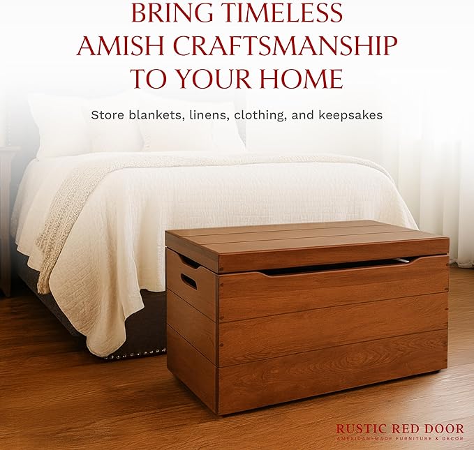 Amish Made Wooden Storage Chest Trunk Box with Lid and Handles for Bedroolanket, Clothes, Anti-Slam Hinges, Handmade, Rustic, Cherry Wood, W. Cherry Stain, 30"