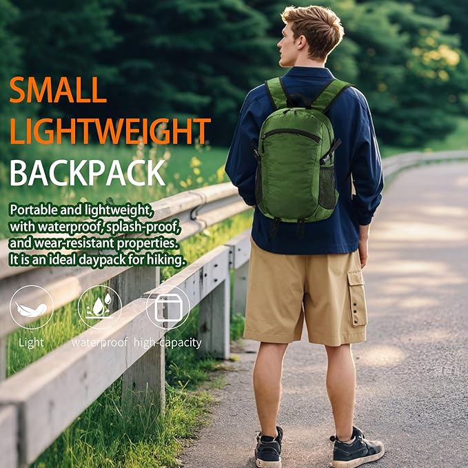 Small Hiking Daypack,15L Water-Resistant Hiking Backpack Packable Lightweight Travel Day Pack for Women Men (Green, Small)