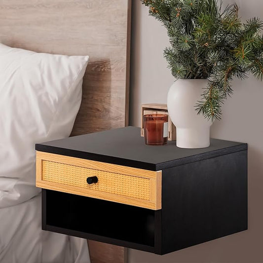 JONATHAN Y NST2000A Celerie 15.71" Mid-Century Modern Floating Wall Mounted Nightstand with Soft-Close Rattan Drawer and Cable Hole, Black/Light Oak