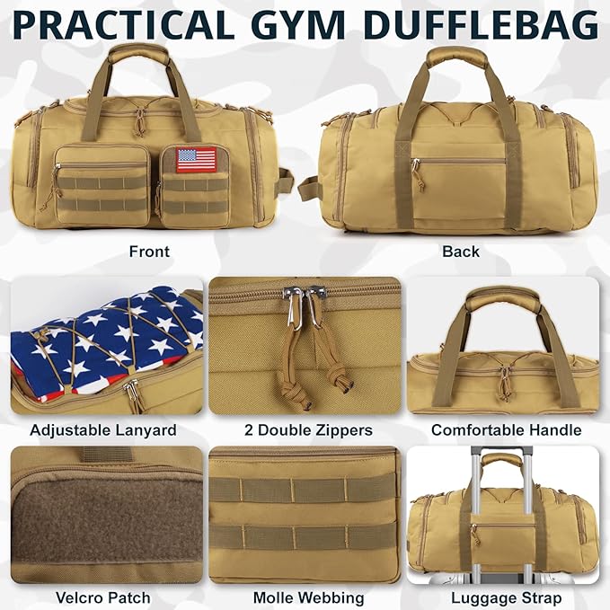 Tactical Gym Bag for Men with Toiletry Bag，50L Large 3 in 1 Sports Duffle Bag with Shoes Compartment for Travel,Water Resistant Travel Backpack Weekender Overnight Bag with Wet Pocket for Women