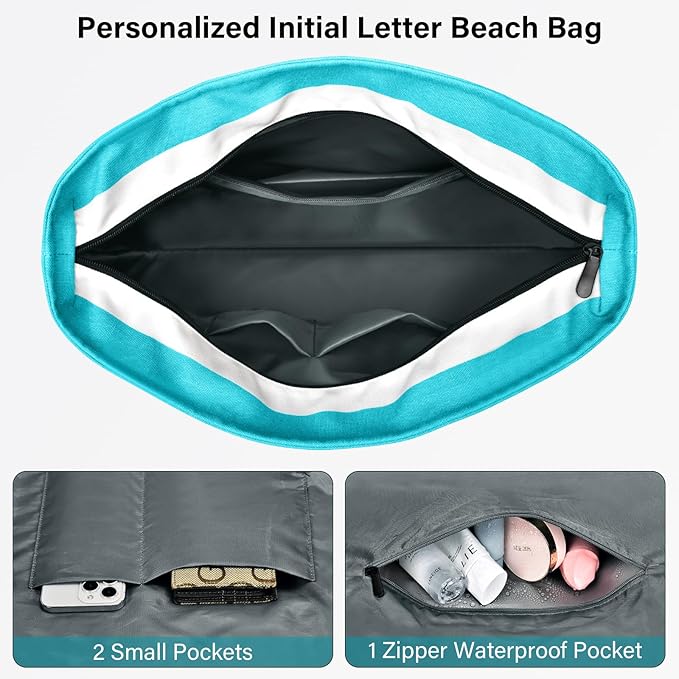 Becokan Beach Bag Initial Beach Tote with Makeup Bag for Travel Work Storage Personalized Birthday Gifts for Women Her