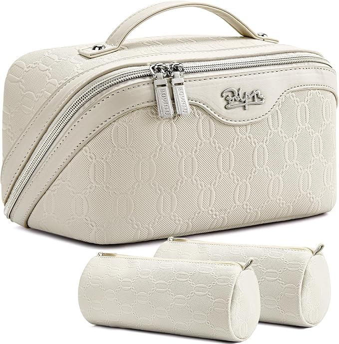 BOYATU Travel Makeup Bag for Women: Cosmetic Organizer Bag with Compartments - Leather Make up Bags Set of 3 (White)