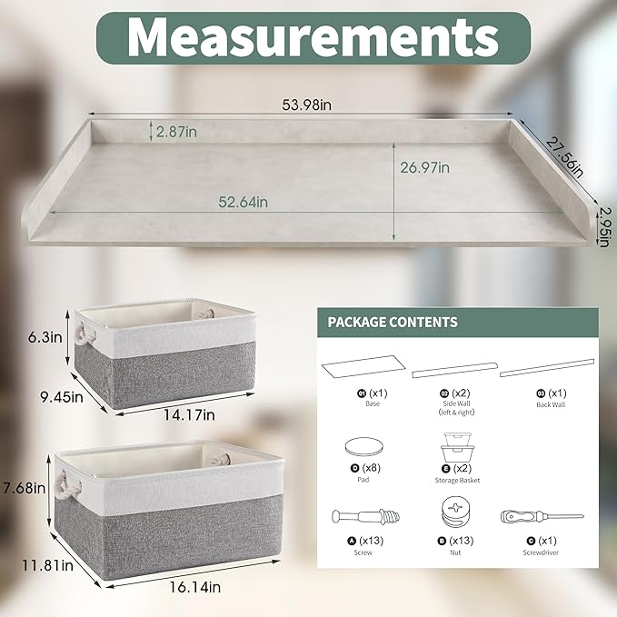 Washer Dryer Countertop with 2 Pack Storage Baskets, Wood Washer and Dryer Countertop with Non-Slip Pads/Edge Rails for Laundry Room Storage and Organization, 27.5" W x 54" L(Light Grey Marble)