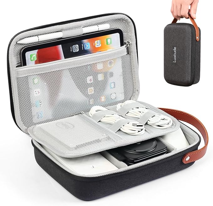 Luxtude Tech Organizer Travel Case, Portable Electronics Organizers, Hard Case for Electronics, Black Tech Bag, Charger Cases, Carrying Cases for iPad Mini (Up to 7.9’’), Mouse