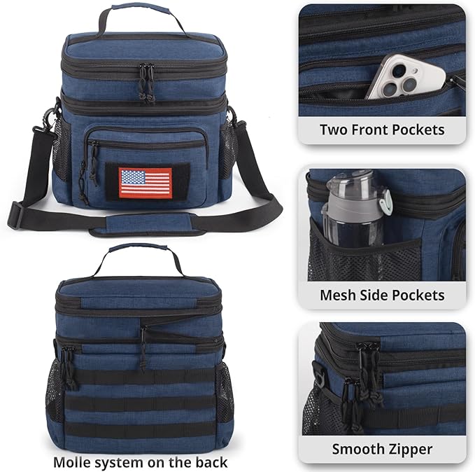ATRIPACK Lunch Bag for Men, Double Deck Tactical Lunch Box Work with Shoulder Strap MOLLE Webbing Large Lunch Cooler Leakproof Insulated （Blue）
