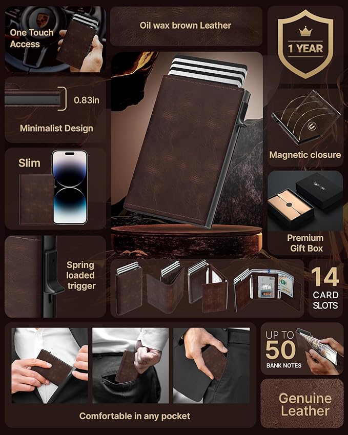 typecase Mens Wallet Card Holder: Pop Up Aluminum Case, Genuine Leather, Smart, RFID Blocking, Slim, Minimalist, Front Pocket - 9-14 Card Capacity | ID Window | Cash Slot - Oil Wax Brown