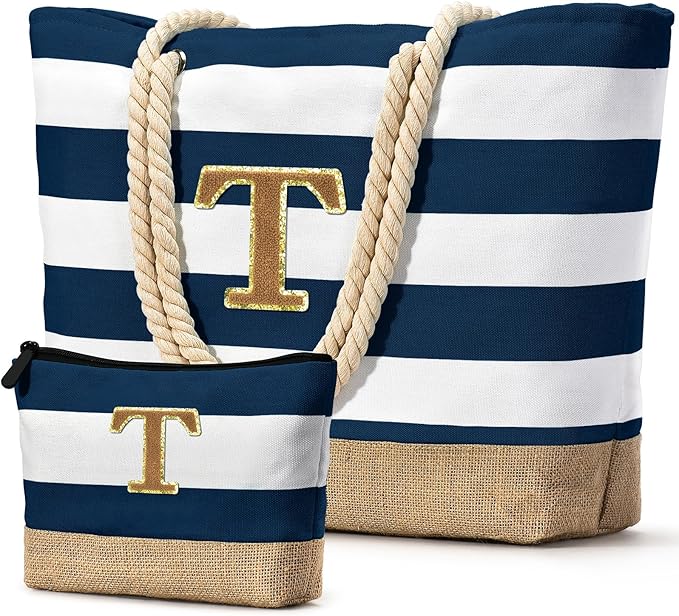 Becokan Beach Bag Initial Beach Tote with Makeup Bag for Travel Work Storage Personalized Birthday Gifts for Women Her