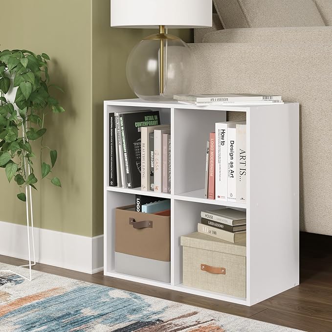 Signature Design by Ashley Onita Contemporary 4 Cube Organizer for Storage, Fits 10.5" by 10.5" by 11" H Storage Bins, Wood, 23.82" Tall, White Finish