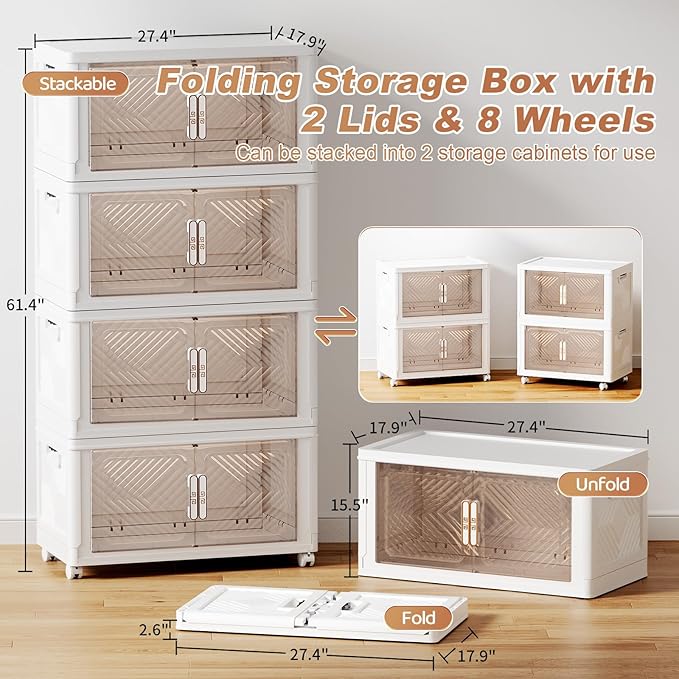 Storage Bins with Lid 120QT, Stackable Storage Containers with Wheels and Magnetic Doors, Plastic Clothes Closet Organizers and Storage Box for Home and Office (4 Pack)