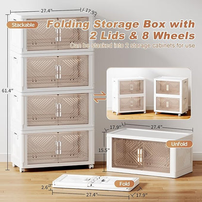 Storage Bins with Lid 120QT, Stackable Storage Containers with Wheels and Magnetic Doors, Plastic Clothes Closet Organizers and Storage Box for Home and Office (4 Pack)