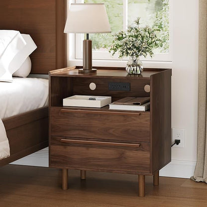 Mid-Century Modern Nightstand with Charging Station, 26" Tall Wood Bedside Table with Tray Top, USB & Type-C Ports, AC Outlets, 2 Drawers and Open Shelf for Bedroom or Living Room, Walnut