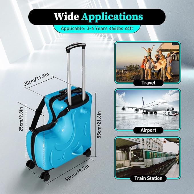 20 Inch Children's Ride On Trolley, Toddler Luggage Seat Ride with Lock, Kid's Ride-on Travel Suitcase with Spinner Wheels, Kids Travel Trolley Riding Luggage Suitcase for Boys Girls Gift, Blue