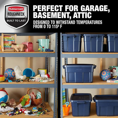 Rubbermaid Roughneck Tote 14 Gal, 6 Pack, Made in USA, Dark Indigo Metallic, Rugged Plastic Stackable Storage Bins with Lids and Handles