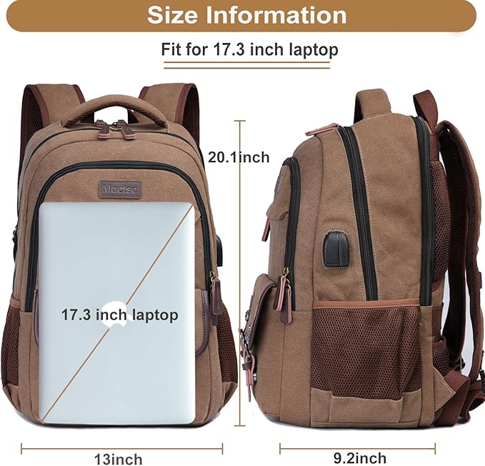 Mactso Canvas Travel Laptop Backpack for Men Women, Business Work Rucksack College Computer Bag Fits 17.3 Inch Notebook,Bookbag with USB Charging Port (Coffee, 17.3 Inch)