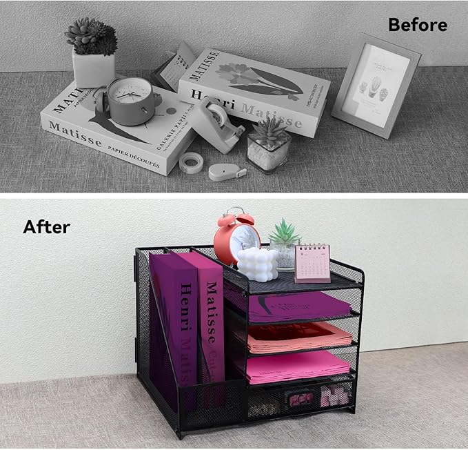 Desk Organizers and Accessories with File Holder, 5-Tier Paper Letter Tray Organiser with Drawer and 2 Pen Holder, Mesh Desktop Document Organizer for Office Supplies, Workspace - Black